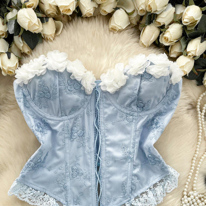 Sweet And Spicy Style Strapless Vest Women's Three-Dimensional Flower Lace Stitching Strap Tight Fit Slim-Fit Design Pure Desire Top
