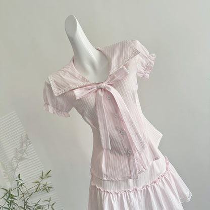 Love Summer Bow Lapel Waist Top Lace Skirt Summer Suit
