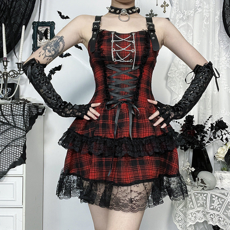 Xs25072 Dark Gothic Style Light Girl Plaid Dress 2025 New Sexy Hot Girl Plaid Dress For Women
