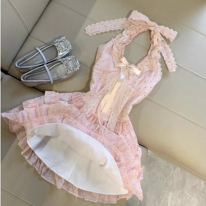 Confession Midsummer Short Skirt Spring And Summer Waist Slimming Design Pure Lusty Sweet Polka Dot Halterneck Dress For Women