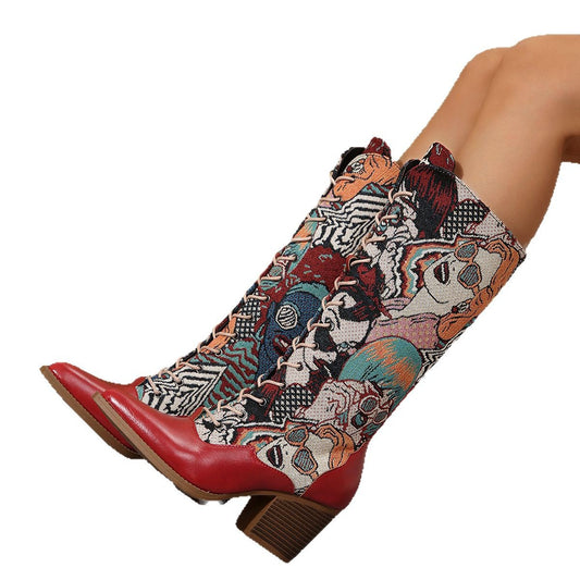 2025 Autumn And Winter New Boots Women's European And American Style Boots Women's Pointed Thick Heel High Heel Embroidered Knight Boots Women's Plus Size
