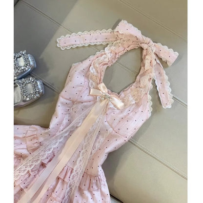 Confession Midsummer Short Skirt Spring And Summer Waist Slimming Design Pure Lusty Sweet Polka Dot Halterneck Dress For Women