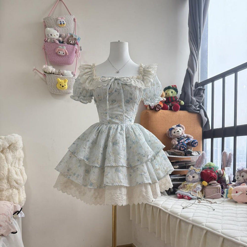 Princess Style Floral Dress For Women Summer French Sweet And Cute Puff Sleeve Skirt Lace Cake Puffy Skirt