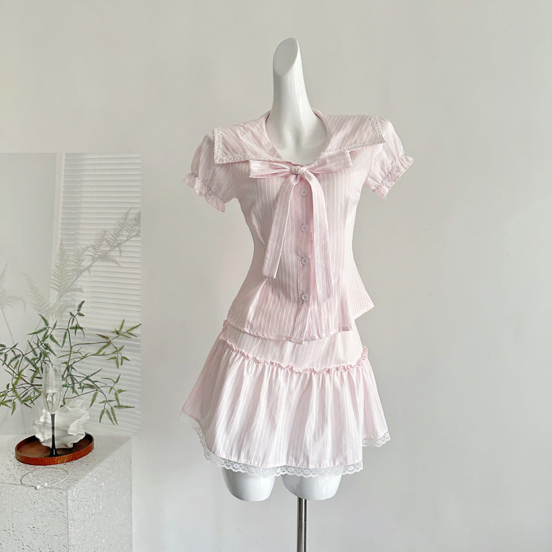 Love Summer Bow Lapel Waist Top Lace Skirt Summer Suit