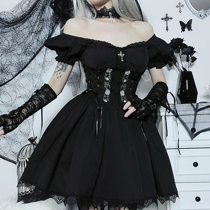 JY22527 Cross Print Strap Off-shoulder Lace Stitching Dress Dark Sexy Slim Princess Dress
