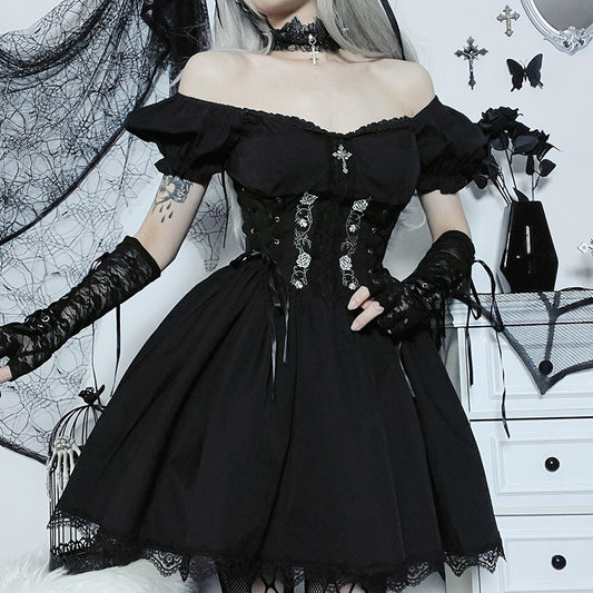 JY22527 Cross Print Strap Off-shoulder Lace Stitching Dress Dark Sexy Slim Princess Dress