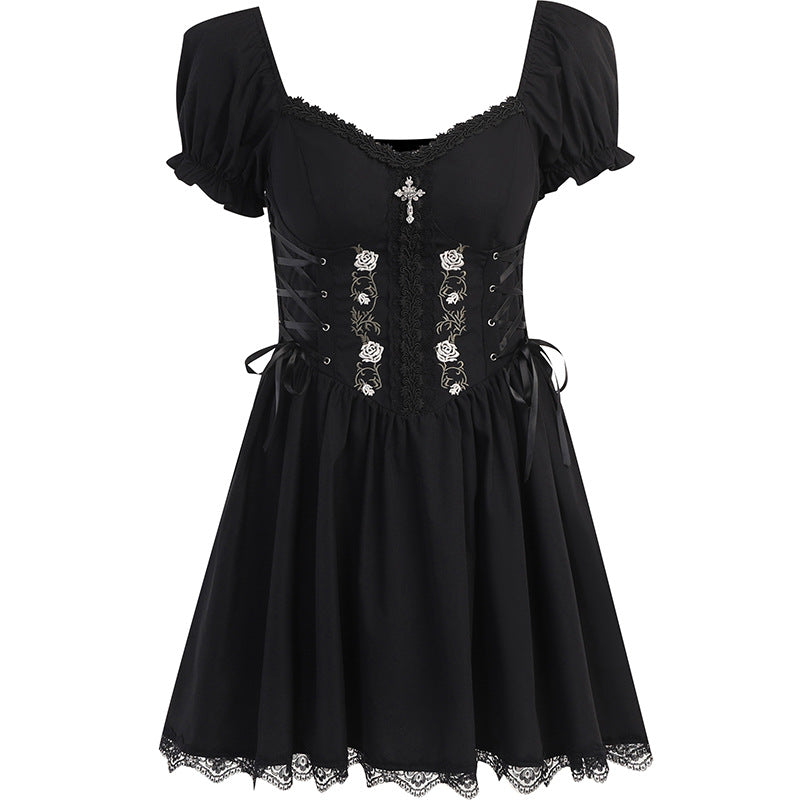 JY22527 Cross Print Strap Off-shoulder Lace Stitching Dress Dark Sexy Slim Princess Dress