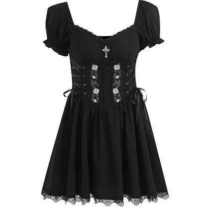 JY22527 Cross Print Strap Off-shoulder Lace Stitching Dress Dark Sexy Slim Princess Dress