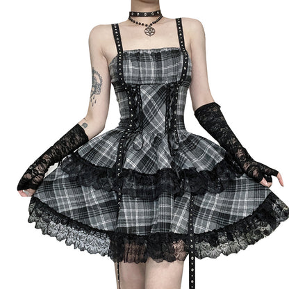 CF25094 Diablo Gothic Yabi Black Grey Plaid Dress 2025 New Sweet Cool Spice Punk Skirt