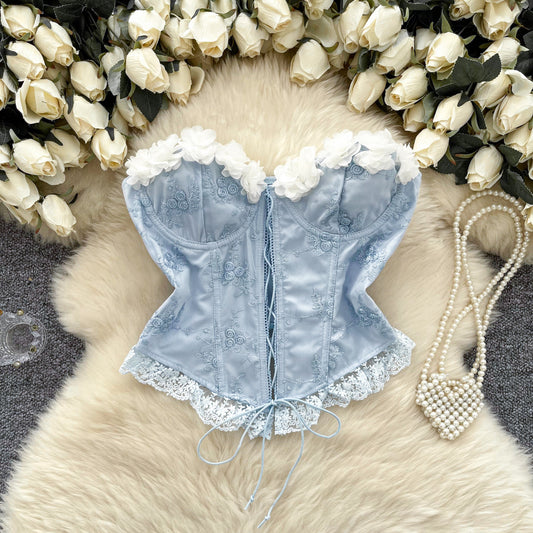Sweet And Spicy Style Strapless Vest Women's Three-Dimensional Flower Lace Stitching Strap Tight Fit Slim-Fit Design Pure Desire Top