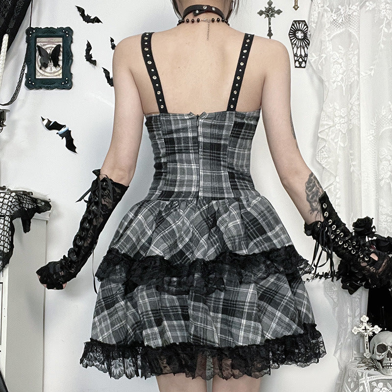 CF25094 Diablo Gothic Yabi Black Grey Plaid Dress 2025 New Sweet Cool Spice Punk Skirt