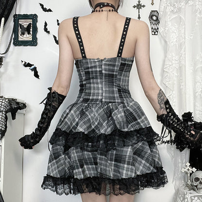 CF25094 Diablo Gothic Yabi Black Grey Plaid Dress 2025 New Sweet Cool Spice Punk Skirt