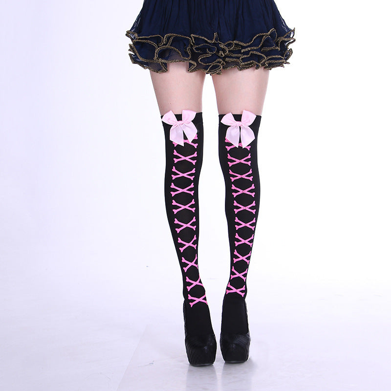 Bowknot Printed Socks With Skull And Dot Patterns, Halloween Over-The-Knee Socks, Cosplay Long Socks, Dark Style