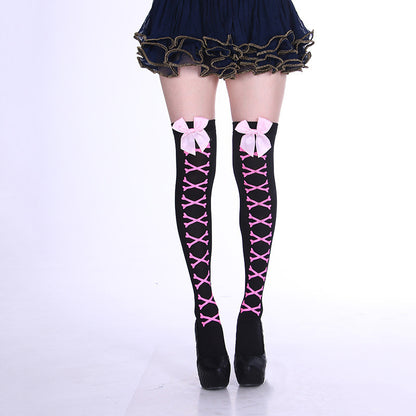 Bowknot Printed Socks With Skull And Dot Patterns, Halloween Over-The-Knee Socks, Cosplay Long Socks, Dark Style