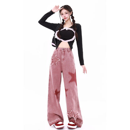 American-style Retro Five-star Embroidered Frayed Low Waist Jeans Women's Autumn Dopamine Wear Dirty Pink Wide Leg Pants