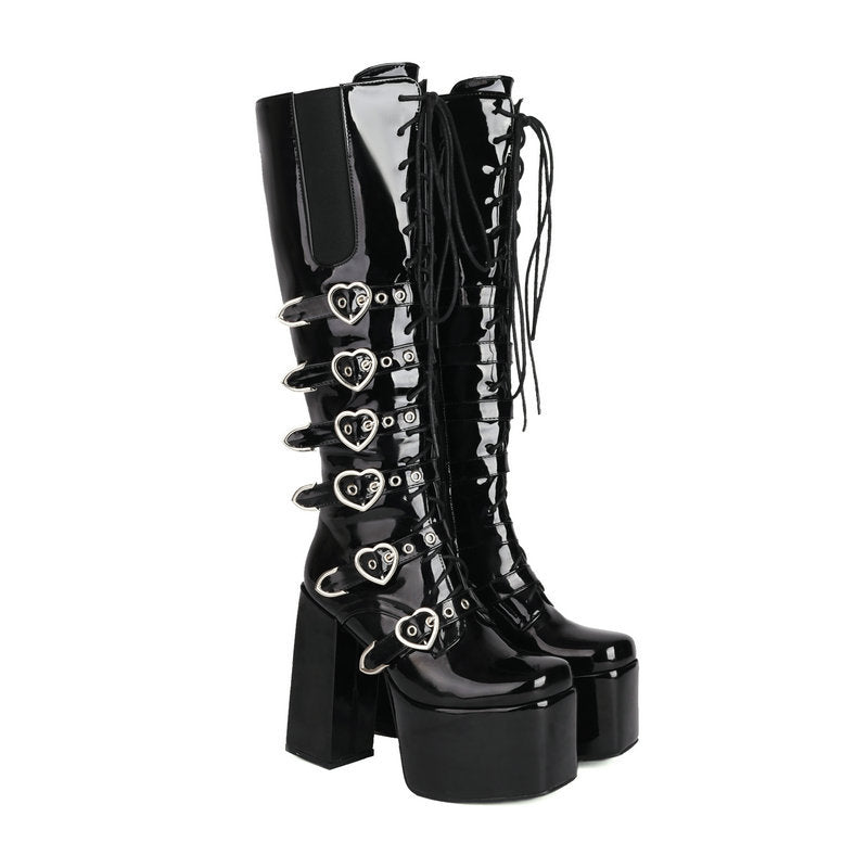 Waterproof Platform Women's High Boots Autumn And Winter New Square Toe Thick Heel Super High Heel Punk Style Front Lace-up Martin Boots Long Boots