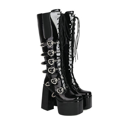 Waterproof Platform Women's High Boots Autumn And Winter New Square Toe Thick Heel Super High Heel Punk Style Front Lace-up Martin Boots Long Boots