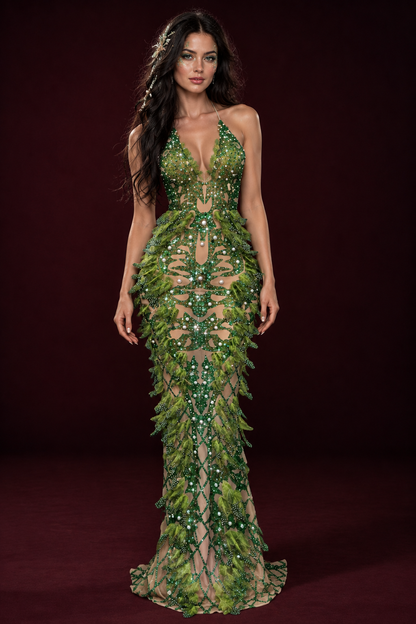 Aurelia - Emerald Feather Goddess Mermaid Gown